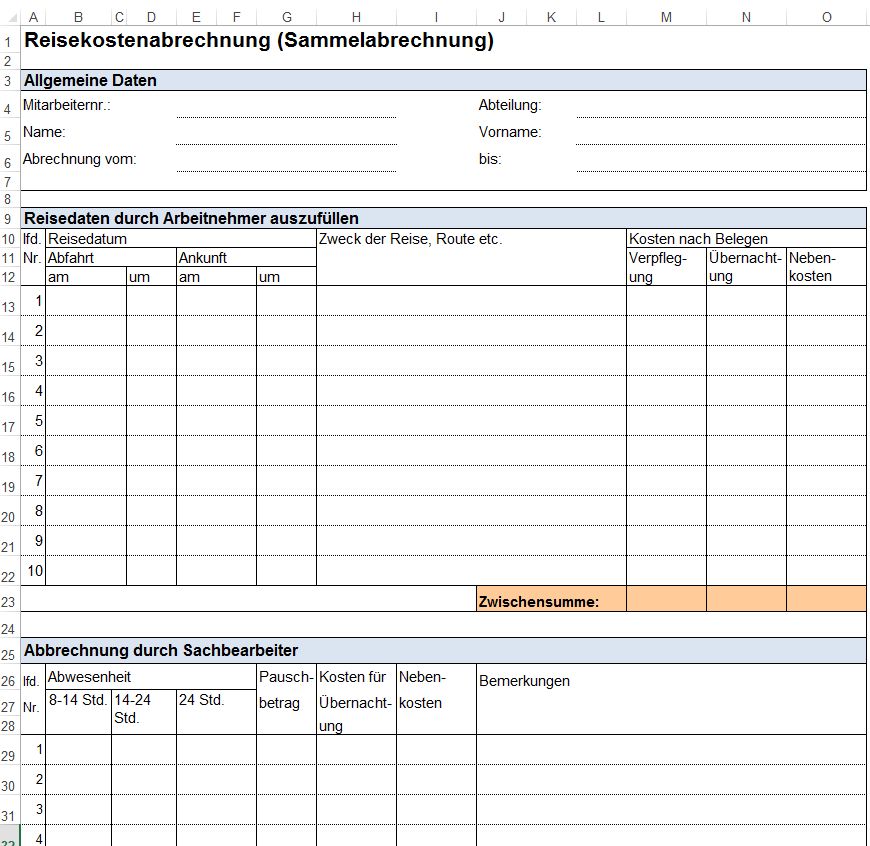 Vorlage Formular für Dienstreiseantrag, Reisekostenabrechnung und Privatzung PKW für Arbeitnehmer